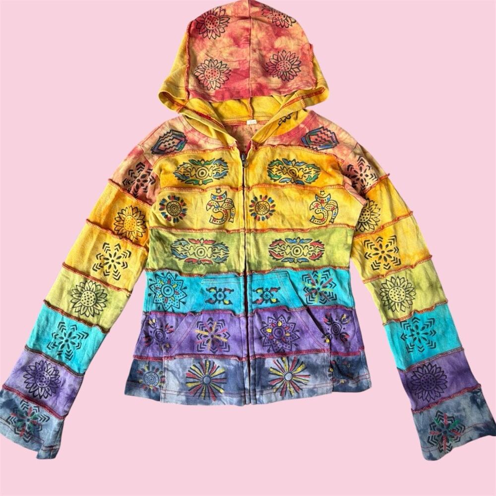 Y2K boho Multi-colored cotton zip-up hoodie with floral motifs, size M